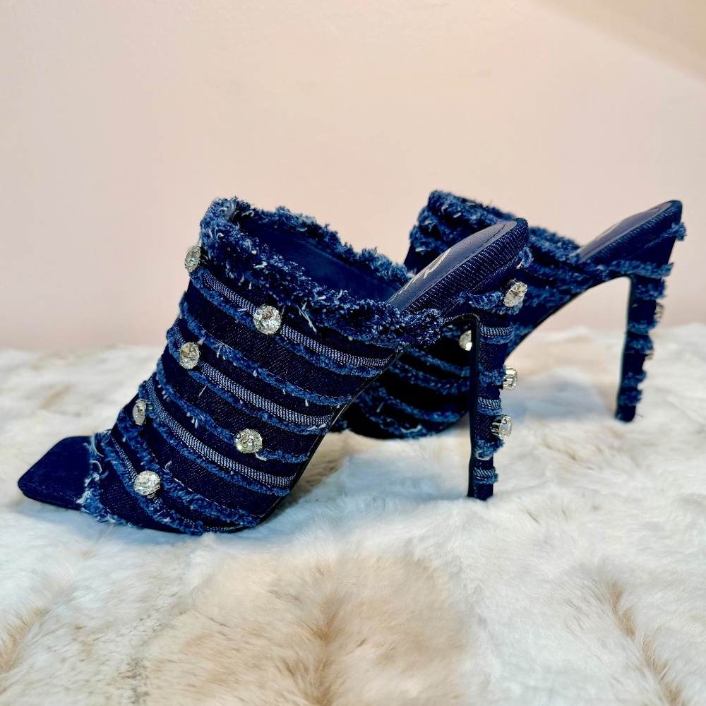 Cape Robbin Denim 4" Heels Frayed Denim Fabric Straps & Crystal Studs Mules - Picture 3 of 8